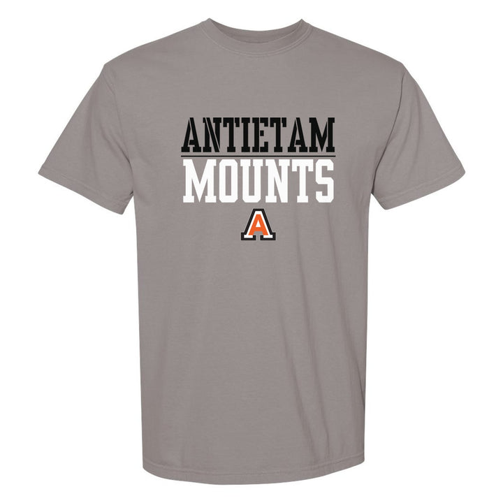 Antietam Mountaineers Split Block comfort colors t-shirt in Grey: ANTIETAM over a thin rule, big MOUNTS block letters and the Antietam A