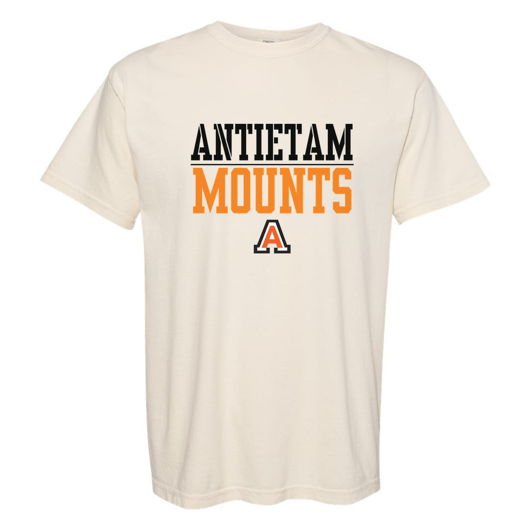 Antietam Mountaineers Split Block comfort colors t-shirt in Ivory: ANTIETAM over a thin rule, big MOUNTS block letters and the Antietam A