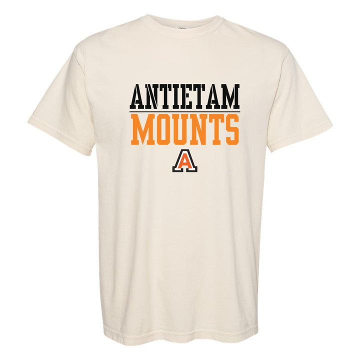 Antietam Mountaineers Split Block comfort colors t-shirt in Ivory: ANTIETAM over a thin rule, big MOUNTS block letters and the Antietam A