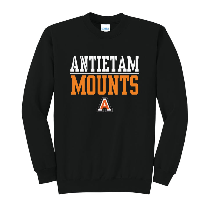 Antietam Mountaineers Split Block crewneck sweatshirt in Jet Black: ANTIETAM over a thin rule, big MOUNTS block letters and the Antietam A