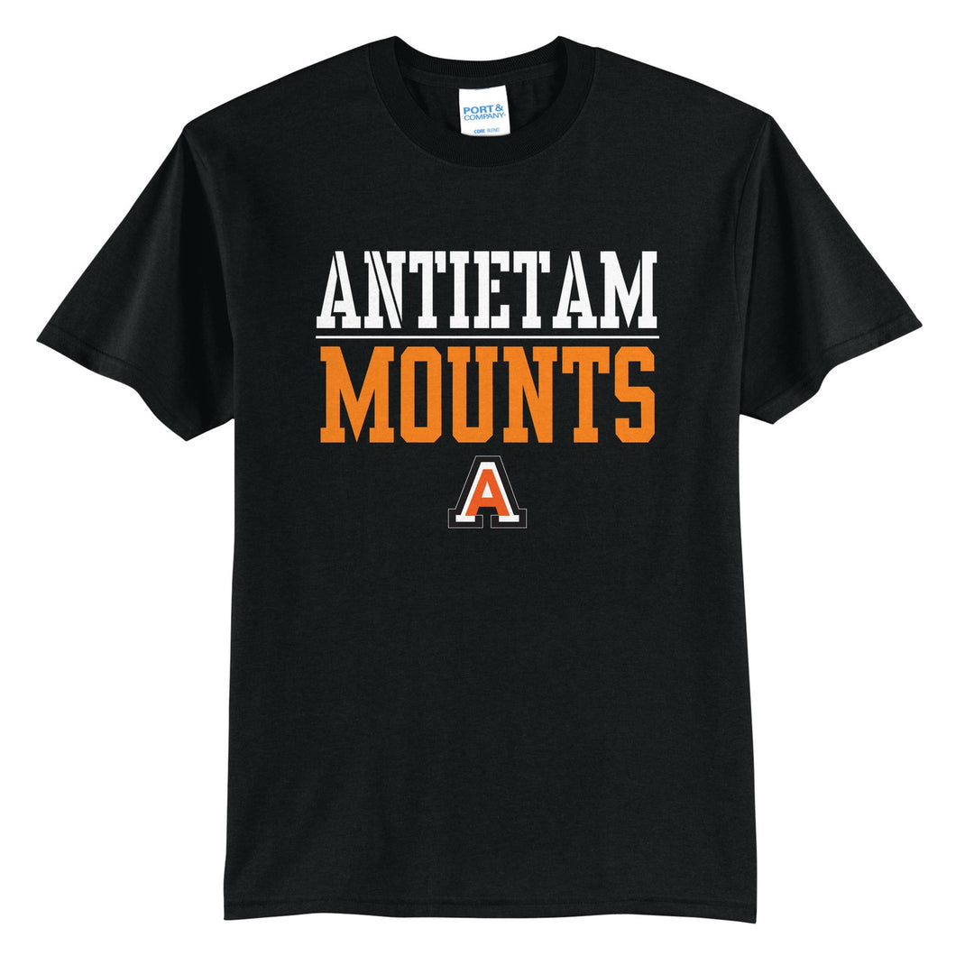 Antietam Mountaineers Split Block t-shirt in Jet Black: ANTIETAM over a thin rule, big MOUNTS block letters and the Antietam A