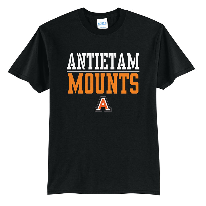 Antietam Mountaineers Split Block t-shirt in Jet Black: ANTIETAM over a thin rule, big MOUNTS block letters and the Antietam A