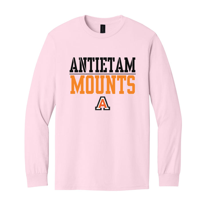 Antietam Mountaineers Split Block long sleeve t-shirt in Light Pink: ANTIETAM over a thin rule, big MOUNTS block letters and the Antietam A