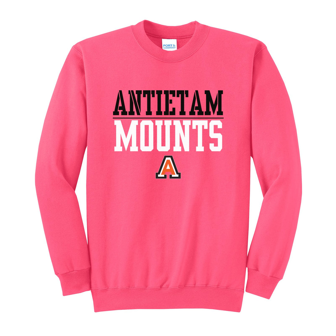 Antietam Mountaineers Split Block crewneck sweatshirt in Neon Pink: ANTIETAM over a thin rule, big MOUNTS block letters and the Antietam A