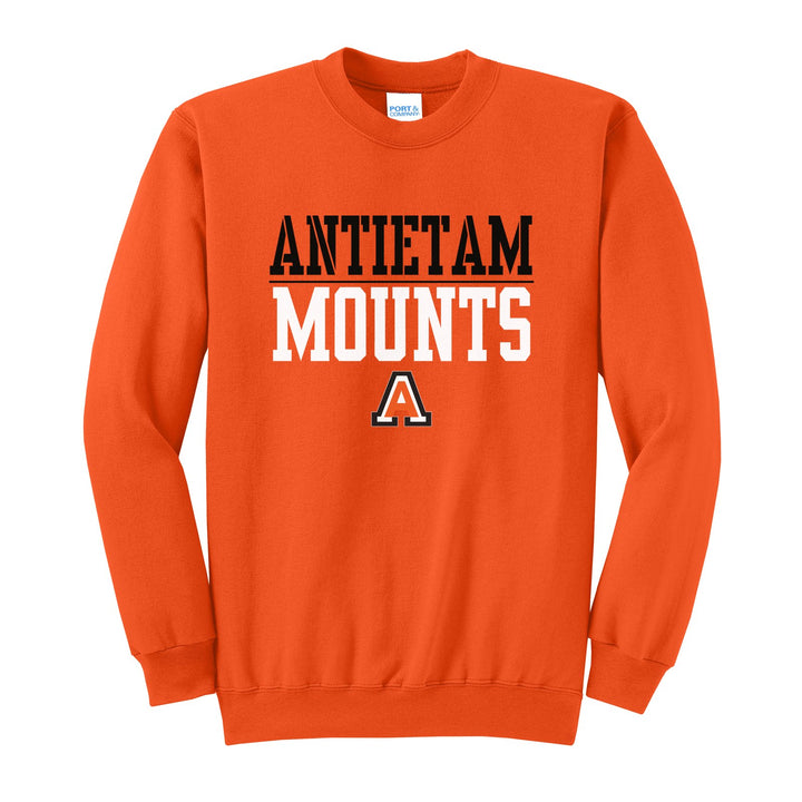 Antietam Mountaineers Split Block crewneck sweatshirt in Orange: ANTIETAM over a thin rule, big MOUNTS block letters and the Antietam A