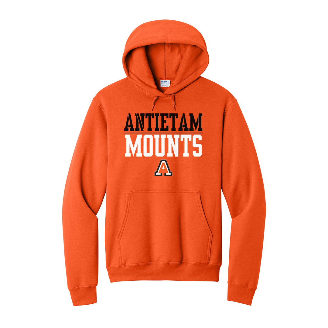 Antietam Mountaineers Split Block hoodie in Orange: ANTIETAM over a thin rule, big MOUNTS block letters and the Antietam A