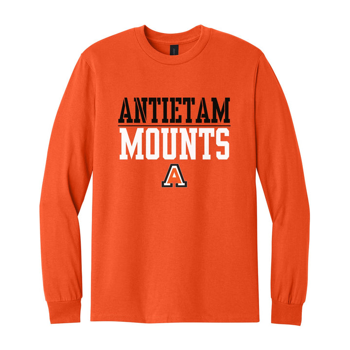 Antietam Mountaineers Split Block long sleeve t-shirt in Orange: ANTIETAM over a thin rule, big MOUNTS block letters and the Antietam A