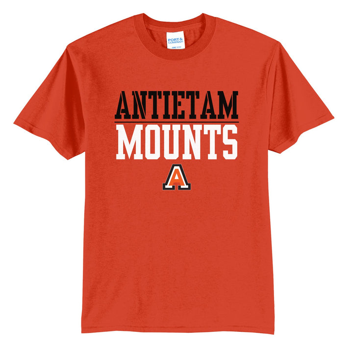 Antietam Mountaineers Split Block t-shirt in Orange: ANTIETAM over a thin rule, big MOUNTS block letters and the Antietam A