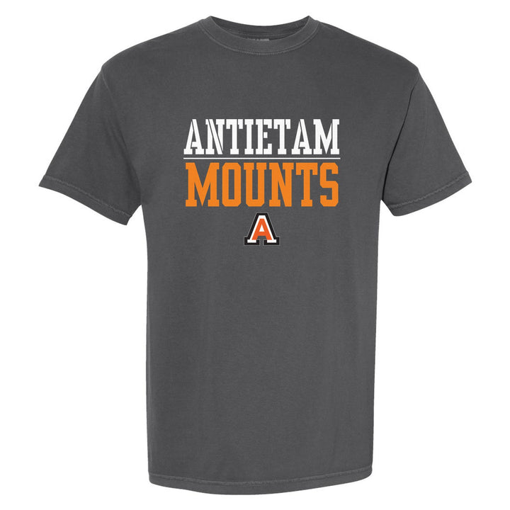 Antietam Mountaineers Split Block comfort colors t-shirt in Pepper: ANTIETAM over a thin rule, big MOUNTS block letters and the Antietam A