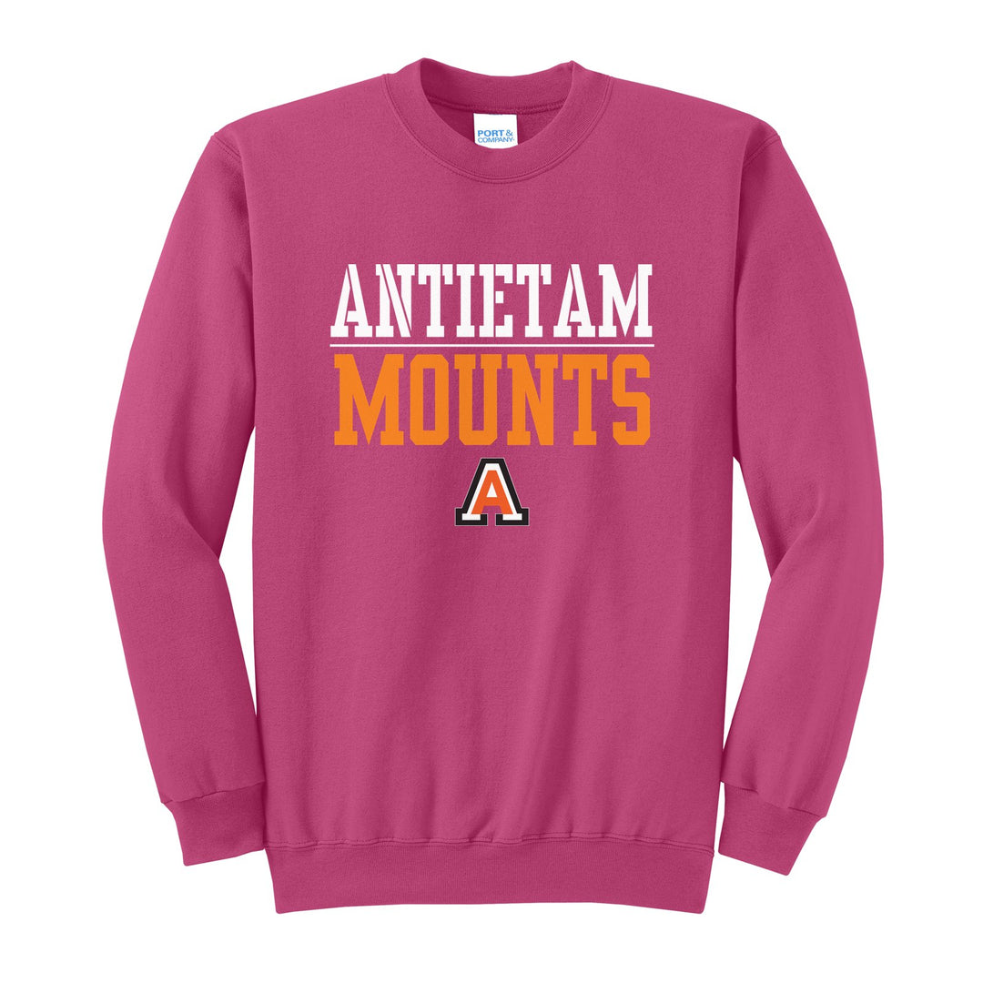 Antietam Mountaineers Split Block crewneck sweatshirt in Sangria: ANTIETAM over a thin rule, big MOUNTS block letters and the Antietam A