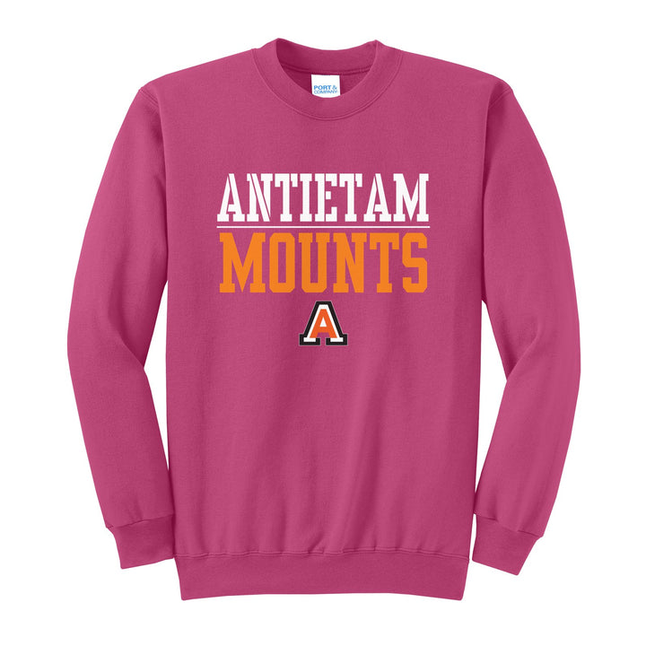 Antietam Mountaineers Split Block crewneck sweatshirt in Sangria: ANTIETAM over a thin rule, big MOUNTS block letters and the Antietam A