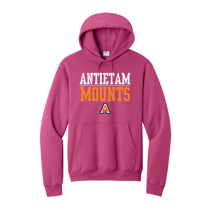 Antietam Mountaineers Split Block hoodie in Sangria: ANTIETAM over a thin rule, big MOUNTS block letters and the Antietam A