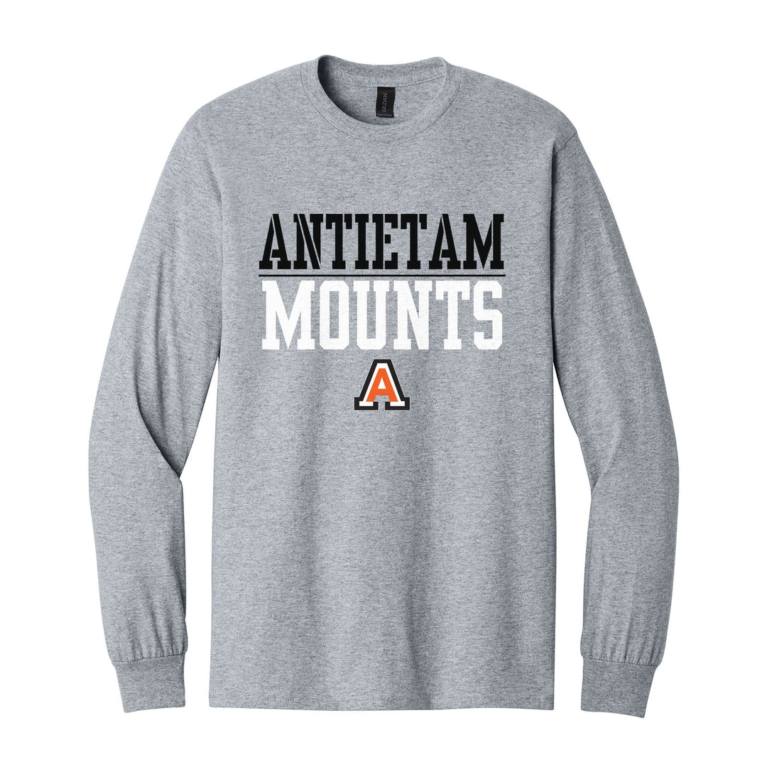 Antietam Mountaineers Split Block long sleeve t-shirt in Sport Grey: ANTIETAM over a thin rule, big MOUNTS block letters and the Antietam A