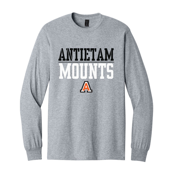 Antietam Mountaineers Split Block long sleeve t-shirt in Sport Grey: ANTIETAM over a thin rule, big MOUNTS block letters and the Antietam A