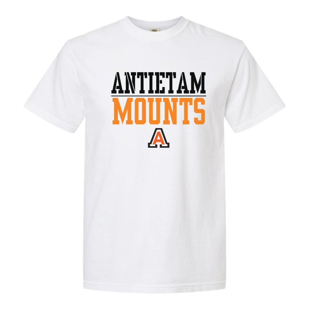 Antietam Mountaineers Split Block comfort colors t-shirt in White: ANTIETAM over a thin rule, big MOUNTS block letters and the Antietam A