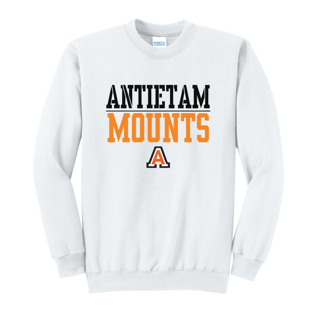 Antietam Mountaineers Split Block crewneck sweatshirt in White: ANTIETAM over a thin rule, big MOUNTS block letters and the Antietam A