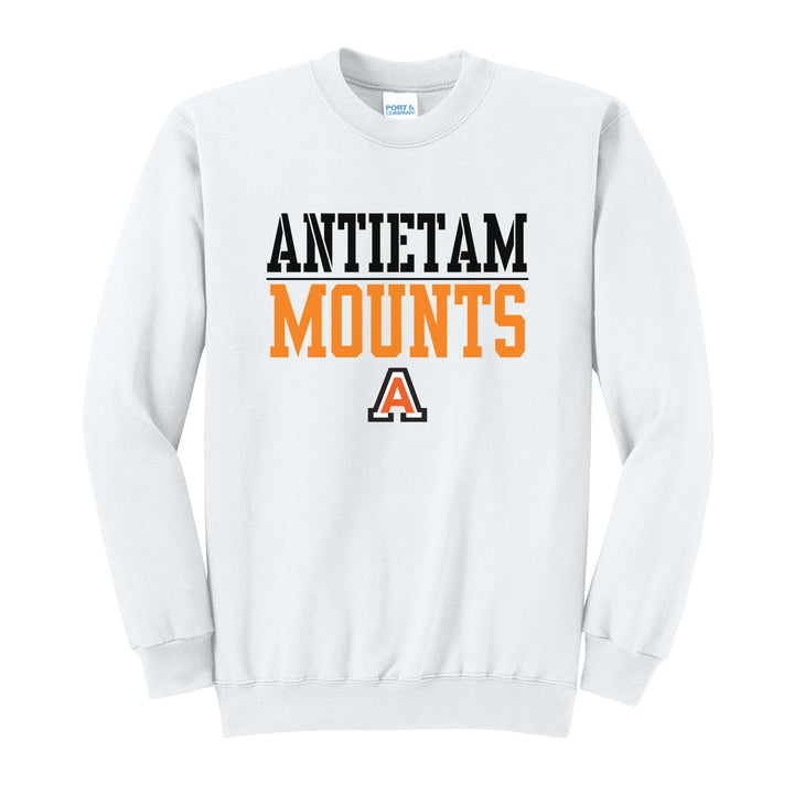 Antietam Mountaineers Split Block crewneck sweatshirt in White: ANTIETAM over a thin rule, big MOUNTS block letters and the Antietam A