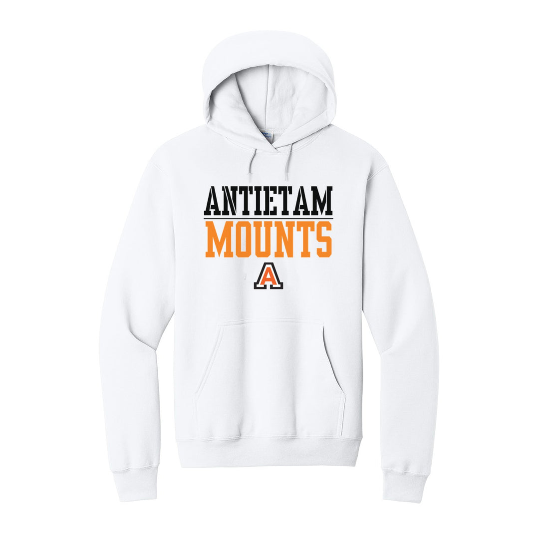 Antietam Mountaineers Split Block hoodie in White: ANTIETAM over a thin rule, big MOUNTS block letters and the Antietam A