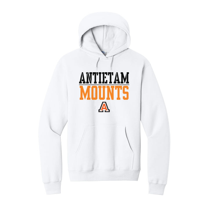 Antietam Mountaineers Split Block hoodie in White: ANTIETAM over a thin rule, big MOUNTS block letters and the Antietam A