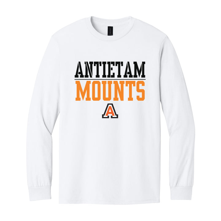 Antietam Mountaineers Split Block long sleeve t-shirt in White: ANTIETAM over a thin rule, big MOUNTS block letters and the Antietam A