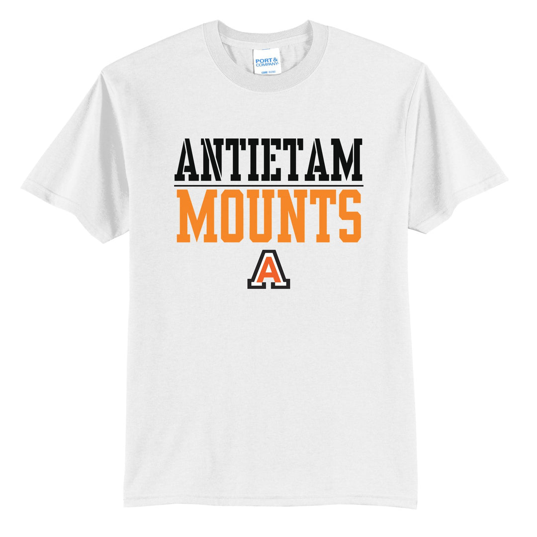 Antietam Mountaineers Split Block t-shirt in White: ANTIETAM over a thin rule, big MOUNTS block letters and the Antietam A