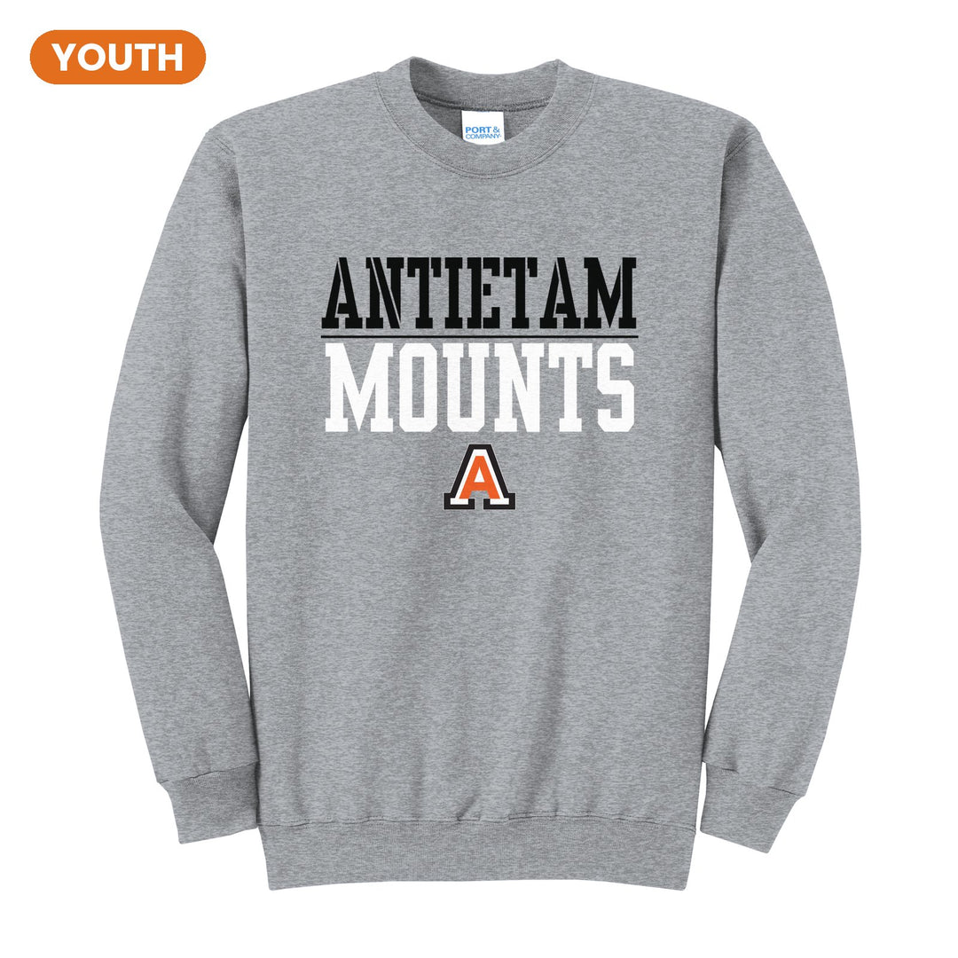 Antietam Mountaineers Split Block youth crewneck sweatshirt in Athletic Heather: ANTIETAM over a thin rule, big MOUNTS block letters and the Antietam A