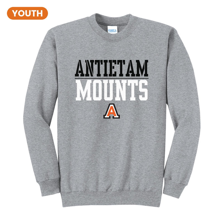 Antietam Mountaineers Split Block youth crewneck sweatshirt in Athletic Heather: ANTIETAM over a thin rule, big MOUNTS block letters and the Antietam A