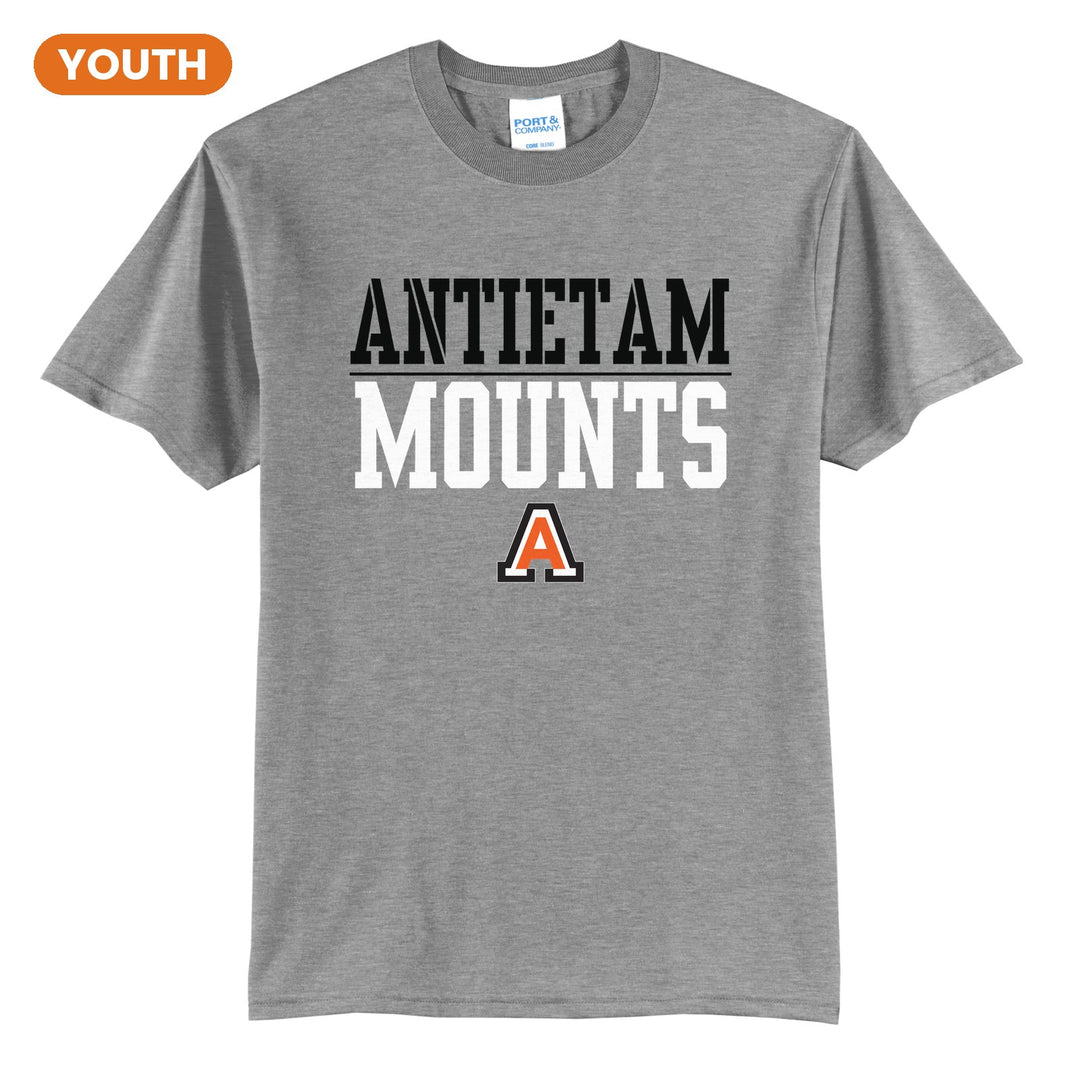 Antietam Mountaineers Split Block youth t-shirt in Athletic Heather: ANTIETAM over a thin rule, big MOUNTS block letters and the Antietam A