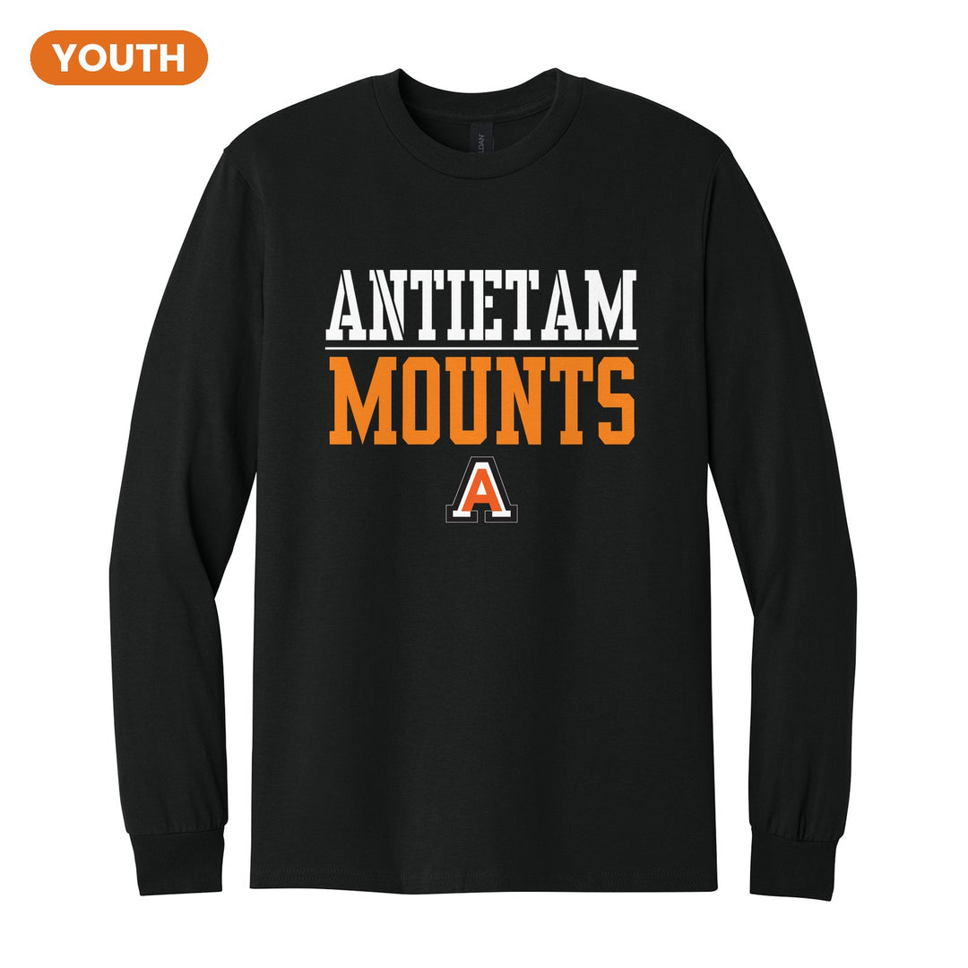 Antietam Mountaineers Split Block youth long sleeve t-shirt in Black: ANTIETAM over a thin rule, big MOUNTS block letters and the Antietam A