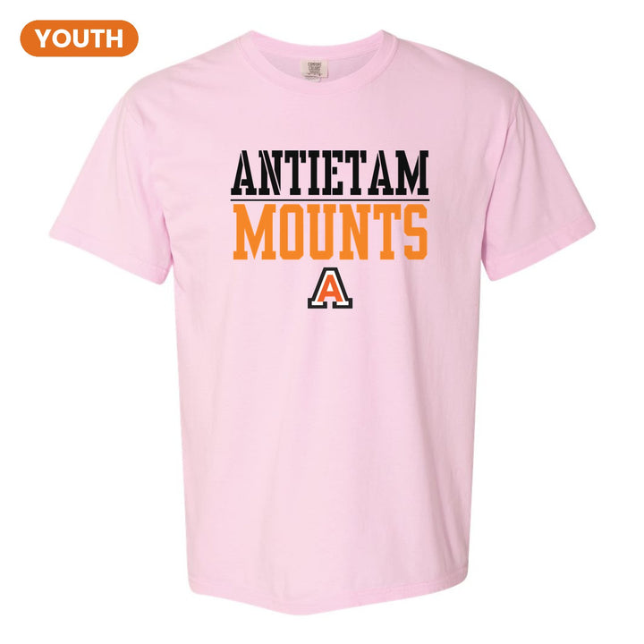 Antietam Mountaineers Split Block youth comfort colors t-shirt in Blossom: ANTIETAM over a thin rule, big MOUNTS block letters and the Antietam A