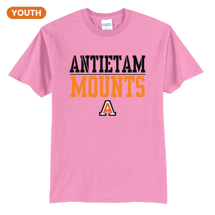 Antietam Mountaineers Split Block youth t-shirt in Candy Pink: ANTIETAM over a thin rule, big MOUNTS block letters and the Antietam A