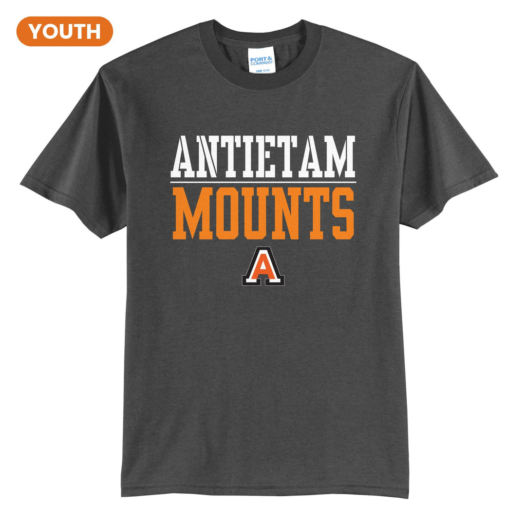 Antietam Mountaineers Split Block youth t-shirt in Charcoal: ANTIETAM over a thin rule, big MOUNTS block letters and the Antietam A