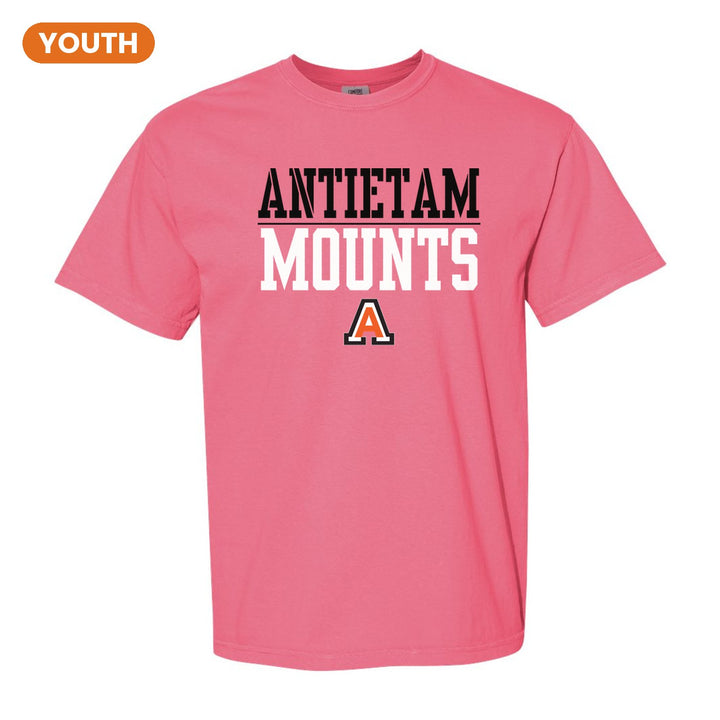 Antietam Mountaineers Split Block youth comfort colors t-shirt in Crunchberry: ANTIETAM over a thin rule, big MOUNTS block letters and the Antietam A