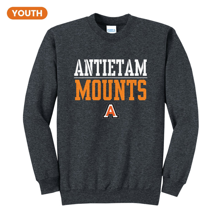 Antietam Mountaineers Split Block youth crewneck sweatshirt in Dark Heather Grey: ANTIETAM over a thin rule, big MOUNTS block letters and the Antietam A