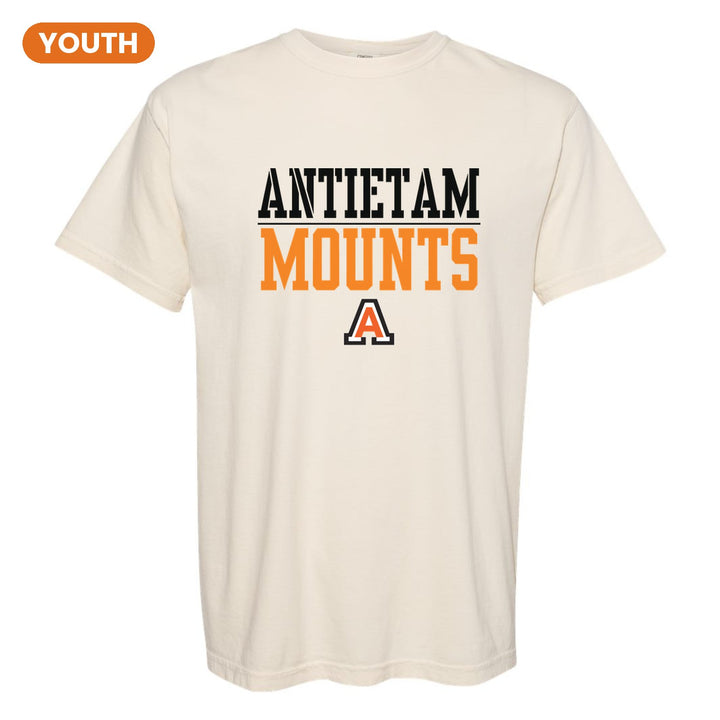 Antietam Mountaineers Split Block youth comfort colors t-shirt in Ivory: ANTIETAM over a thin rule, big MOUNTS block letters and the Antietam A