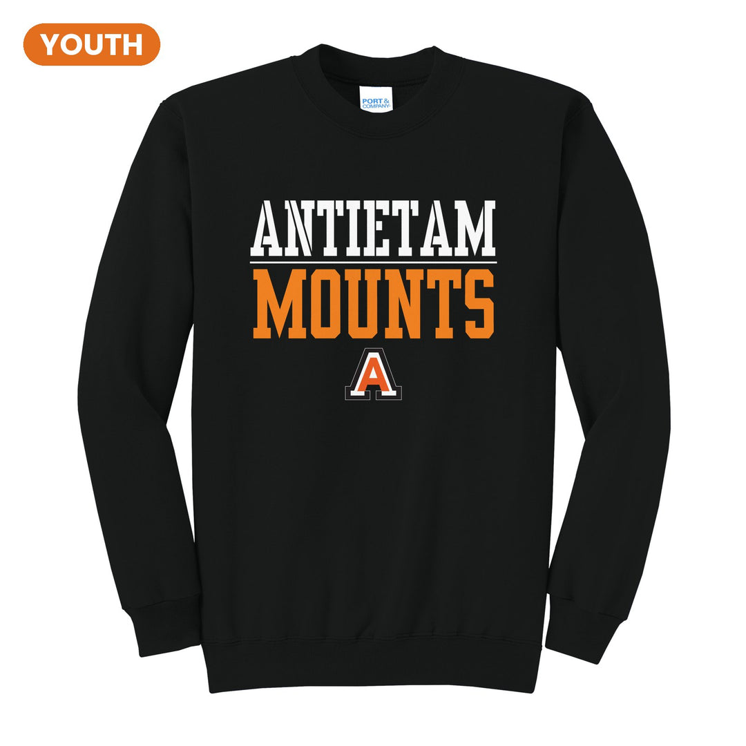 Antietam Mountaineers Split Block youth crewneck sweatshirt in Jet Black: ANTIETAM over a thin rule, big MOUNTS block letters and the Antietam A