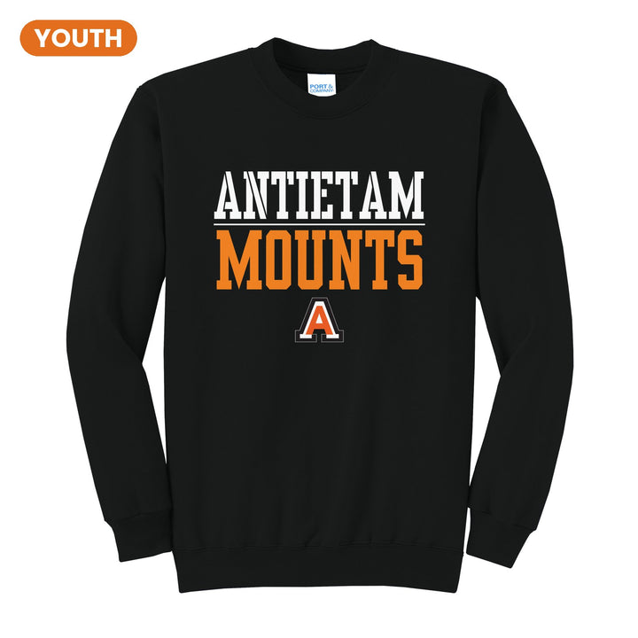 Antietam Mountaineers Split Block youth crewneck sweatshirt in Jet Black: ANTIETAM over a thin rule, big MOUNTS block letters and the Antietam A