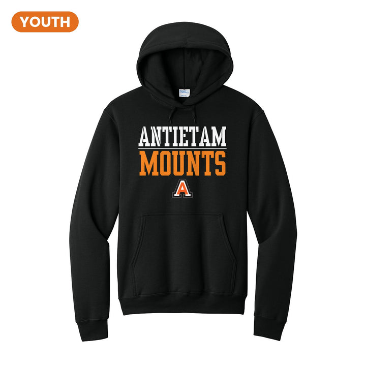 Antietam Mountaineers Split Block youth hoodie in Jet Black: ANTIETAM over a thin rule, big MOUNTS block letters and the Antietam A