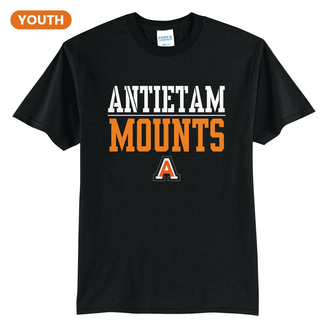 Antietam Mountaineers Split Block youth t-shirt in Jet Black: ANTIETAM over a thin rule, big MOUNTS block letters and the Antietam A