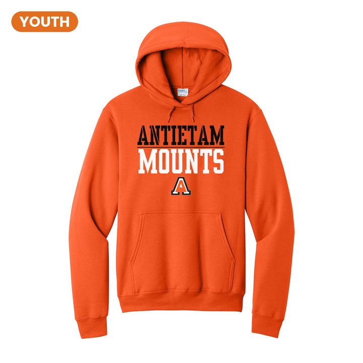Antietam Mountaineers Split Block youth hoodie in Orange: ANTIETAM over a thin rule, big MOUNTS block letters and the Antietam A