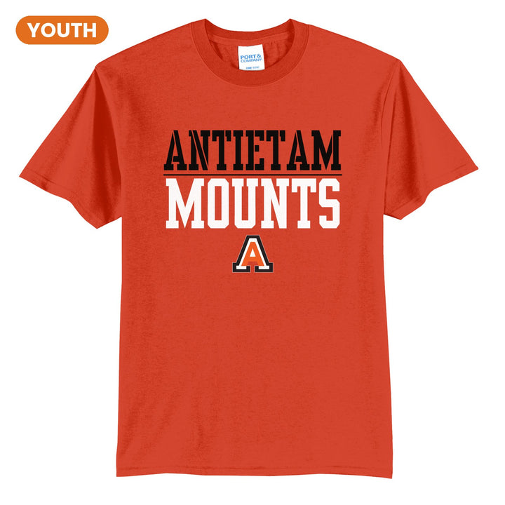 Antietam Mountaineers Split Block youth t-shirt in Orange: ANTIETAM over a thin rule, big MOUNTS block letters and the Antietam A