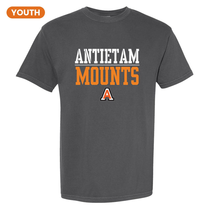 Antietam Mountaineers Split Block youth comfort colors t-shirt in Pepper: ANTIETAM over a thin rule, big MOUNTS block letters and the Antietam A