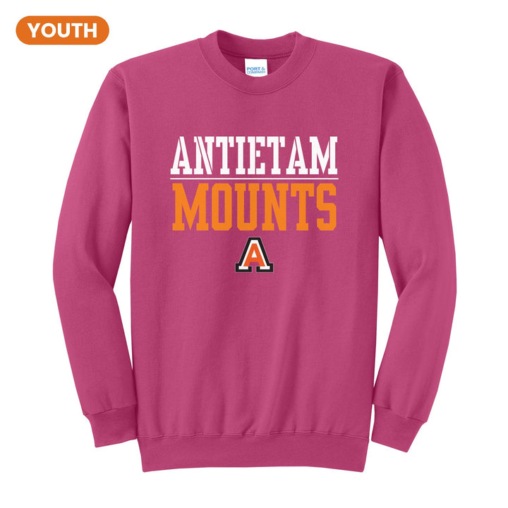 Antietam Mountaineers Split Block youth crewneck sweatshirt in Sangria: ANTIETAM over a thin rule, big MOUNTS block letters and the Antietam A