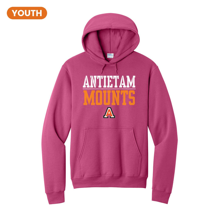 Antietam Mountaineers Split Block youth hoodie in Sangria: ANTIETAM over a thin rule, big MOUNTS block letters and the Antietam A
