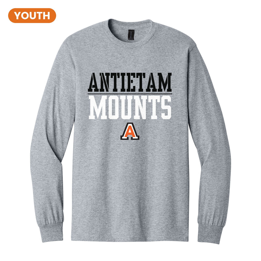 Antietam Mountaineers Split Block youth long sleeve t-shirt in Sport Grey: ANTIETAM over a thin rule, big MOUNTS block letters and the Antietam A