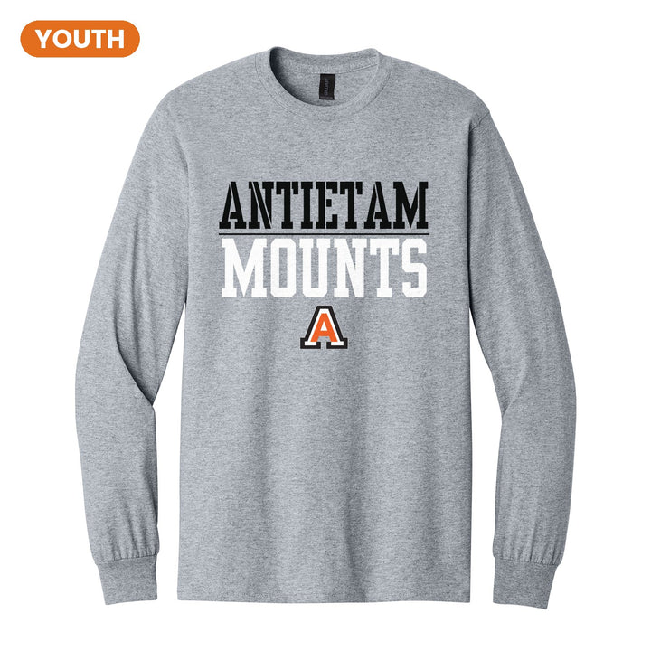 Antietam Mountaineers Split Block youth long sleeve t-shirt in Sport Grey: ANTIETAM over a thin rule, big MOUNTS block letters and the Antietam A