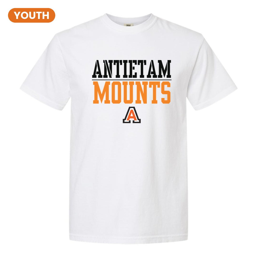 Antietam Mountaineers Split Block youth comfort colors t-shirt in White: ANTIETAM over a thin rule, big MOUNTS block letters and the Antietam A
