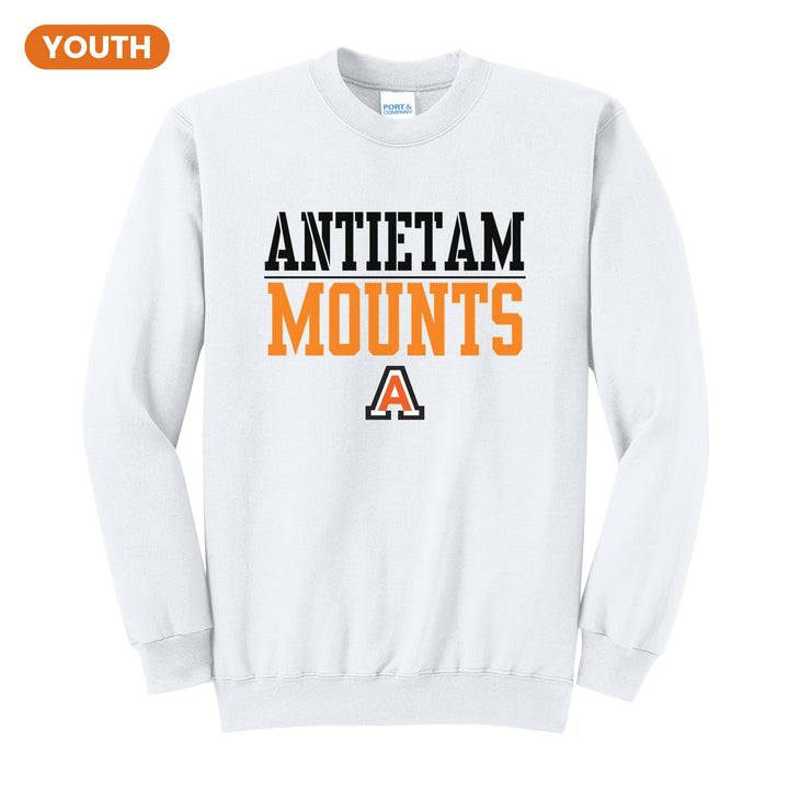 Antietam Mountaineers Split Block youth crewneck sweatshirt in White: ANTIETAM over a thin rule, big MOUNTS block letters and the Antietam A