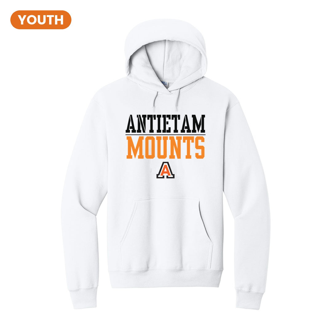 Antietam Mountaineers Split Block youth hoodie in White: ANTIETAM over a thin rule, big MOUNTS block letters and the Antietam A