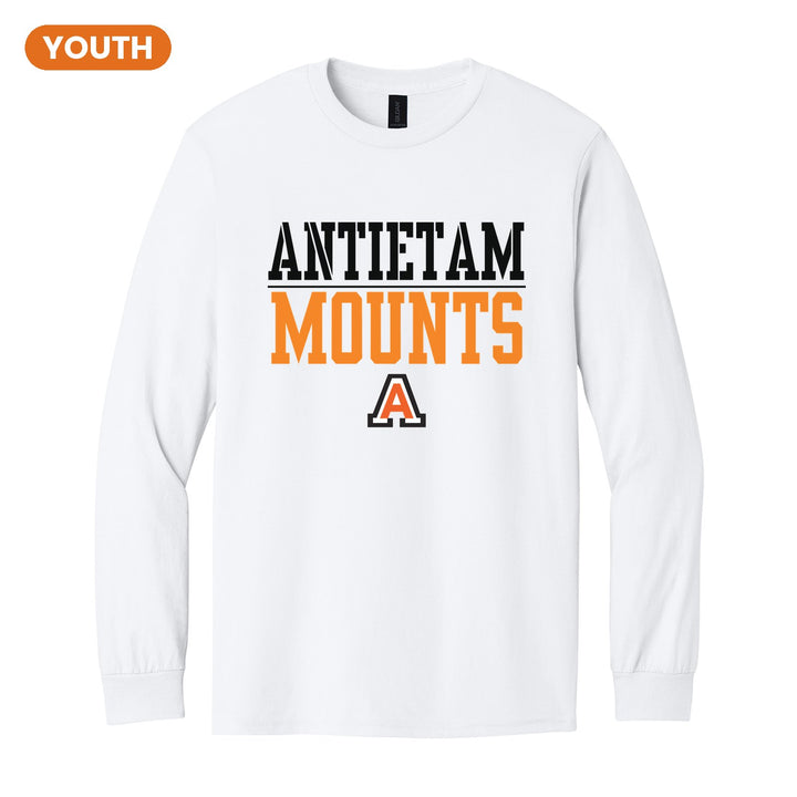 Antietam Mountaineers Split Block youth long sleeve t-shirt in White: ANTIETAM over a thin rule, big MOUNTS block letters and the Antietam A